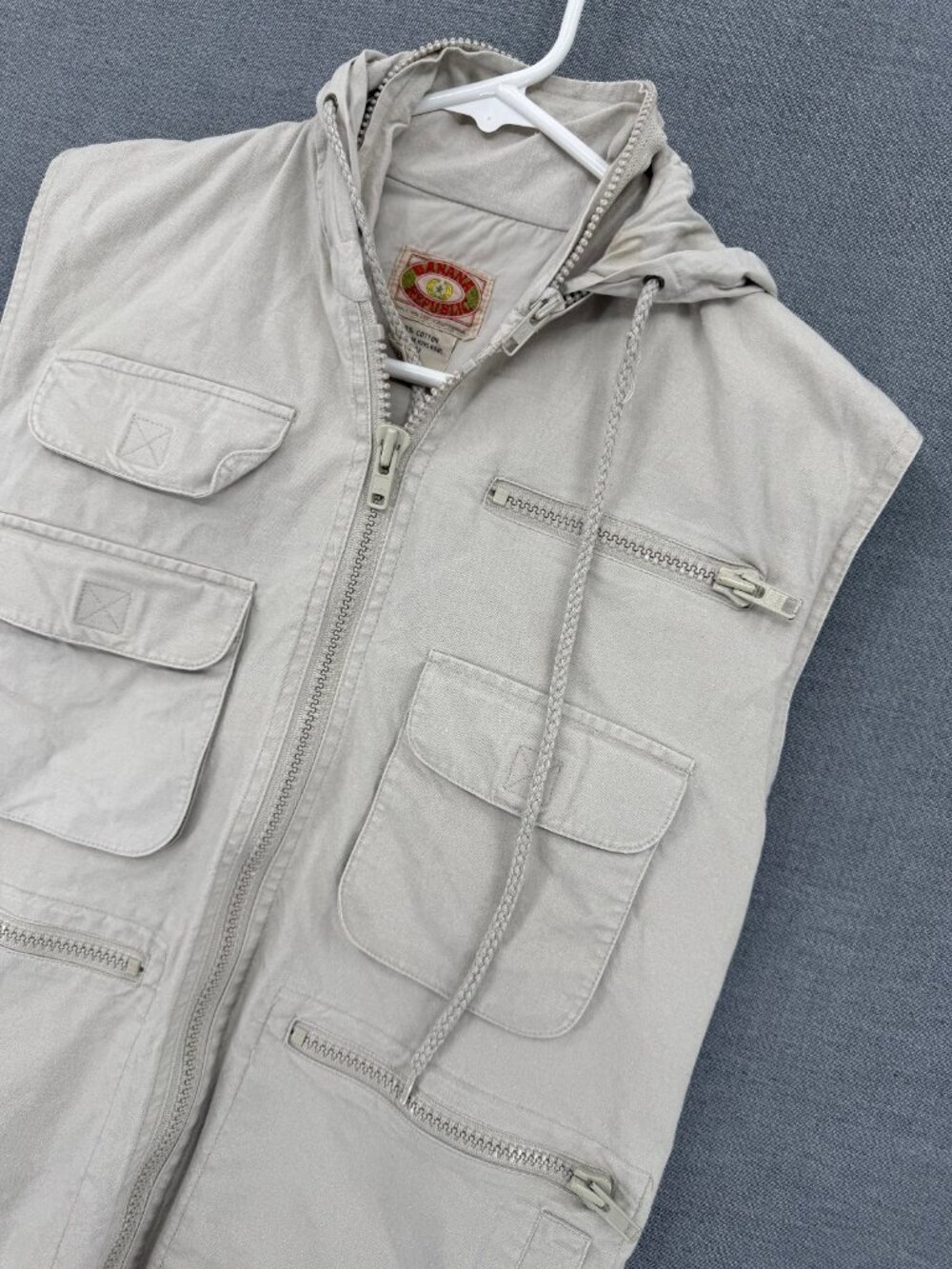 Vtg Banana Republic Safari Photojournalist Camera Khaki Vest Mens XS Hooded Y2K